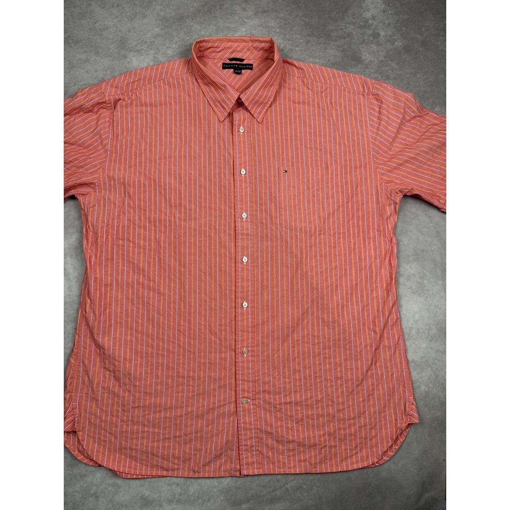 Tommy Hilfiger‎ Shirt Mens 2XL Striped Button Up Pocket Embroidered Dress Casual